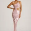 Robe longue à paillettes transparentes Isabel, une épaule dénudée et découpes, couleur lilas Robe longue à paillettes transparentes Isabel, une épaule dénudée et découpes, couleur lilas