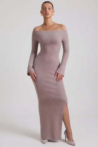 Robe longue à épaules dénudées en maille côtelée Terneigh, couleur taupe
