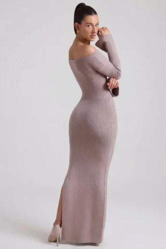 Robe longue à épaules dénudées en maille côtelée Terneigh, couleur taupe