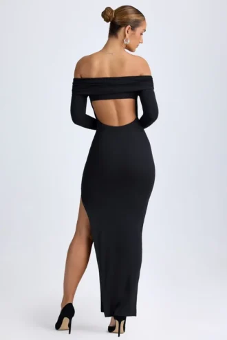 Robe longue à épaules dénudées et dos nu Honora en modal, couleur noir