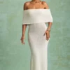 Robe longue à épaules dénudées Naia en bouclé blanc Robe longue à épaules dénudées Naia en bouclé blanc