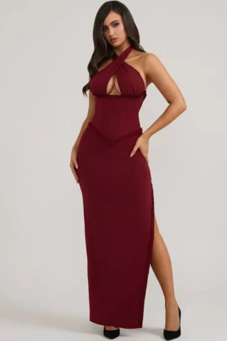 Robe longue Penelope à dos nu et corset à lacets, rouge baie