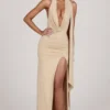 Robe longue plongeante à dos nu en jersey doux Navina, couleur Champagne Robe longue plongeante à dos nu en jersey doux Navina, couleur Champagne