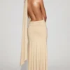 Robe longue plongeante à dos nu en jersey doux Navina, couleur Champagne Robe longue plongeante à dos nu en jersey doux Navina, couleur Champagne