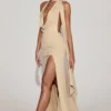 Robe longue plongeante à dos nu en jersey doux Navina, couleur Champagne Robe longue plongeante à dos nu en jersey doux Navina, couleur Champagne