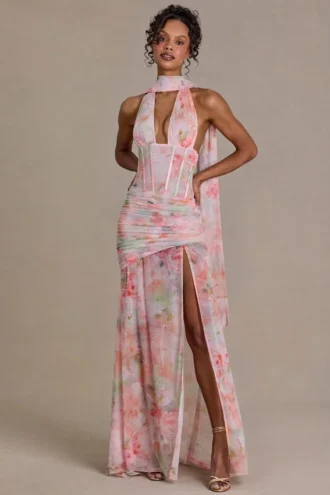 Robe longue Primrose Premium à détails de foulard, imprimé floral rose