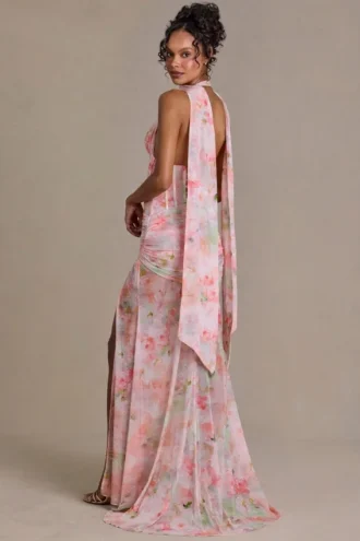 Robe longue Primrose Premium à détails de foulard, imprimé floral rose