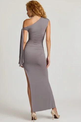 Robe longue Prudy à fronces et nœuds sur les épaules, gris acier