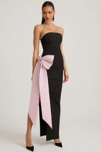 Robe longue sans bretelles Angelique avec nœud, en noir