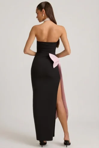 Robe longue sans bretelles Angelique avec nœud, en noir
