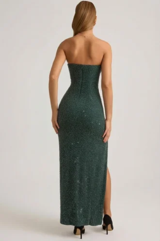 Robe longue sans bretelles à col bénitier et ornements La Rochette, vert émeraude