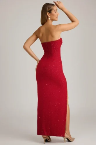 Robe longue sans bretelles à col bénitier ornée La Rochette en rouge vif