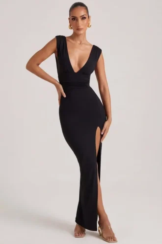 Robe longue Sloane à encolure plongeante et fente haute, en noir