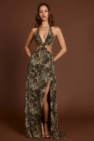 Robe longue Tarsia à découpe plongeante et imprimé léopard