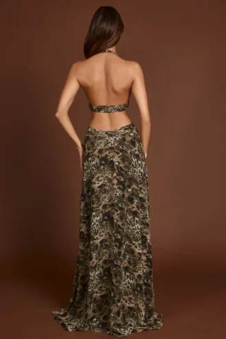 Robe longue Tarsia à découpe plongeante et imprimé léopard