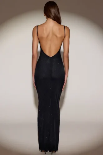 Robe longue transparente Celandine à dos nu et ornements, en noir