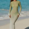 Robe longue transparente à dos nu Naura, vert olive