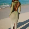 Robe longue transparente à dos nu Naura, vert olive