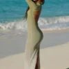 Robe longue transparente à dos nu Naura, vert olive