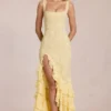Robe longue à volants en dentelle Celira, jaune citron Robe longue à volants en dentelle Celira, jaune citron