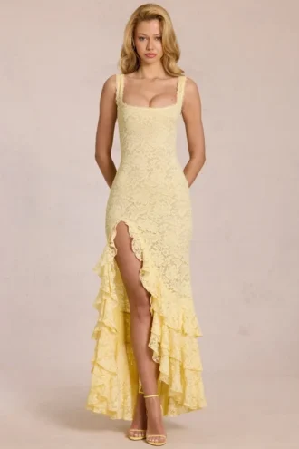 Robe longue à volants en dentelle Celira, jaune citron