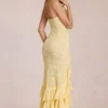 Robe longue à volants en dentelle Celira, jaune citron Robe longue à volants en dentelle Celira, jaune citron