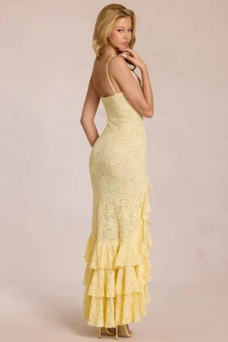 Robe longue à volants en dentelle Celira, jaune citron