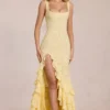 Robe longue à volants en dentelle Celira, jaune citron Robe longue à volants en dentelle Celira, jaune citron