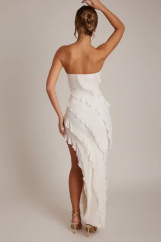 Robe longue à volants et bandeau Nevali, couleur ivoire
