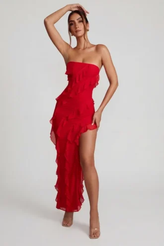 Robe longue à volants et bandeau Nevali en rouge