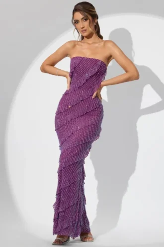 Robe longue à volants et bandeau ornée Dulce, couleur prune