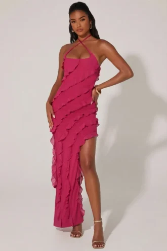 Robe longue à volants et bretelles croisées en calicot, couleur fuchsia