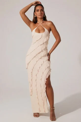 Robe longue à volants et bretelles croisées en calicot, couleur ivoire