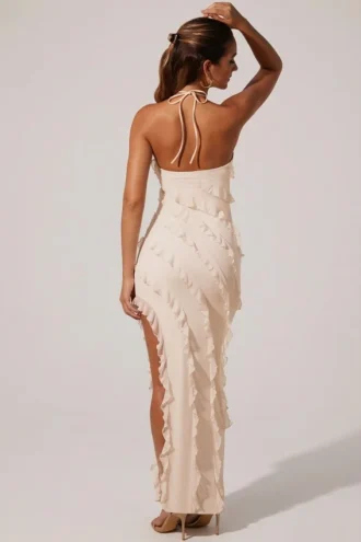 Robe longue à volants et bretelles croisées en calicot, couleur ivoire