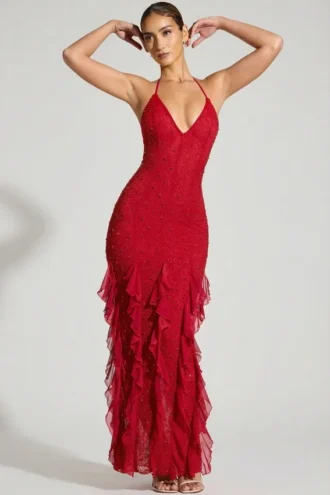 Robe longue à volants et col licou ornée Anley en rouge