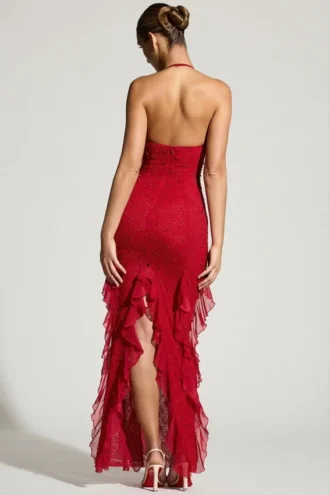 Robe longue à volants et col licou ornée Anley en rouge