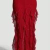 Robe longue à volants et col licou ornée Anley en rouge Robe longue à volants et col licou ornée Anley en rouge