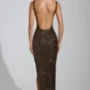 Robe longue Yarina à encolure dégagée et fente sur la cuisse, marron Robe longue Yarina à encolure dégagée et fente sur la cuisse, marron