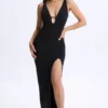 Robe longue Zora en modal à décolleté plongeant et découpes, couleur noir Robe longue Zora en modal à décolleté plongeant et découpes, couleur noir