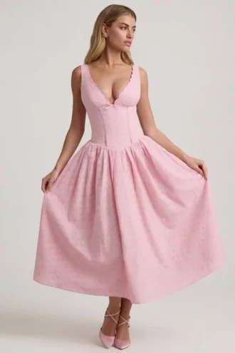 Robe mi-longue A-line à nœud en broderie anglaise Saidey, rose pâle