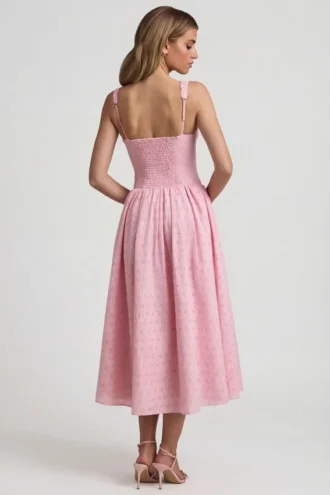 Robe mi-longue A-line à nœud en broderie anglaise Saidey, rose pâle