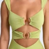 Robe mi-longue Aelia en modal froncé avec détails métalliques et découpes, vert olive Robe mi-longue Aelia en modal froncé avec détails métalliques et découpes, vert olive