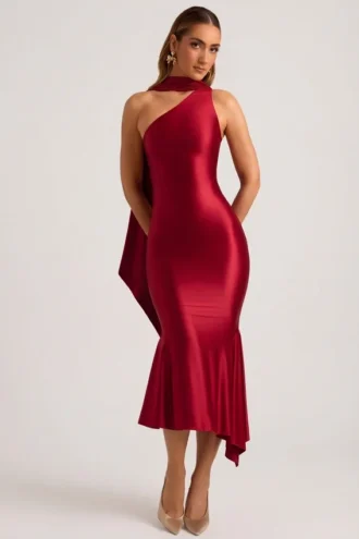 Robe mi-longue asymétrique Shaya avec détail foulard, rouge vif