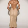 Robe mi-longue Bellara en dentelle métallisée, décolleté plongeant et dos nu, couleur or Robe mi-longue Bellara en dentelle métallisée, décolleté plongeant et dos nu, couleur or