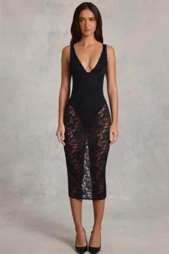 Robe mi-longue Caia en bodys plongeant à dentelle transparente et bords festonnés, couleur noire