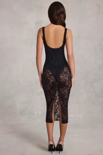 Robe mi-longue Caia en bodys plongeant à dentelle transparente et bords festonnés, couleur noire