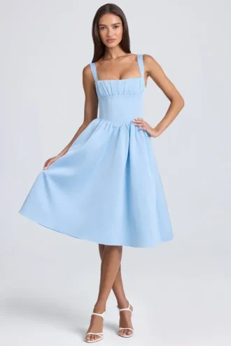 Robe mi-longue à corset drapé Marguerite, bleu poudré