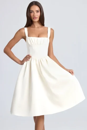 Robe mi-longue à corset drapé Marguerite, couleur ivoire