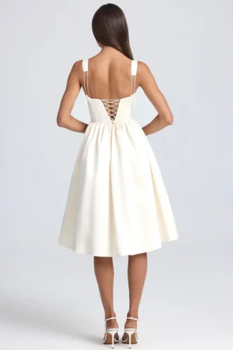 Robe mi-longue à corset drapé Marguerite, couleur ivoire