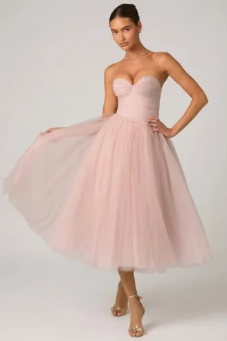 Robe mi-longue à corset en tulle Cindy, couleur rose poudré